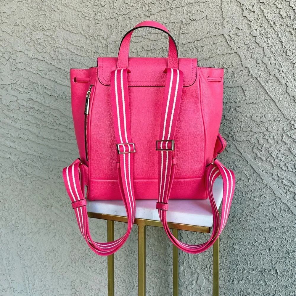 KATE SPADE Pink Leather Rosie Medium Flap Backpack w Keychain Pouch Stripe Strap